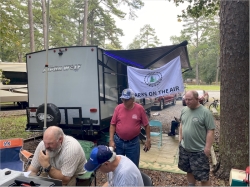 Rickwood Caverns State Park POTA activation kicks off.  Nick (KQ4GIO) on the radio with Phillip (KQ4ETC) logging.  Barry (W4NIC) and David (W4TRX)  in the back eager to jump in.
